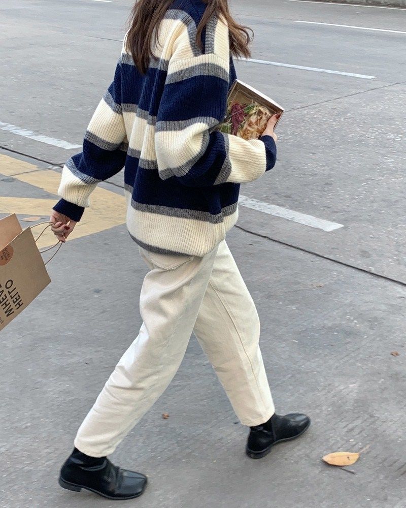 Korean loose contrasting striped pullover for women, 2023 autumn and winter new collection, lazy style, worn outside,_voghion.com