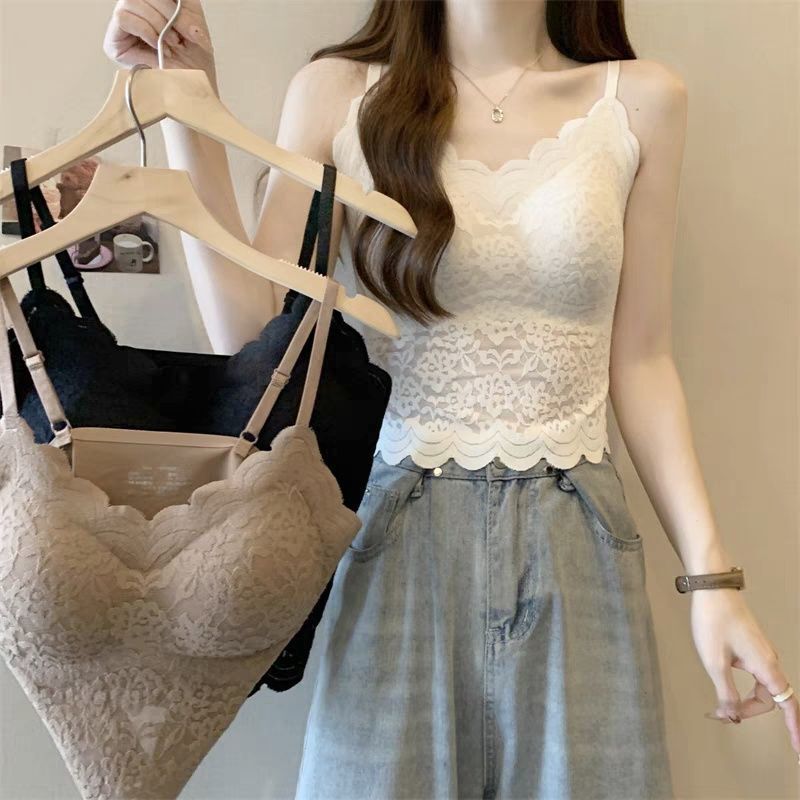 Trendy Seamless Ice Silk Lace Backless Bandeau with Built-In Bra Pads for Layering Camisole Trendy Seamless Ice Silk Lace Backless Bandeau with Built-In Bra Pads for Layering Camisole