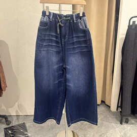 抽绳松紧腰宽松牛仔裤88395Drawstring Elastic Waist Jeans现货