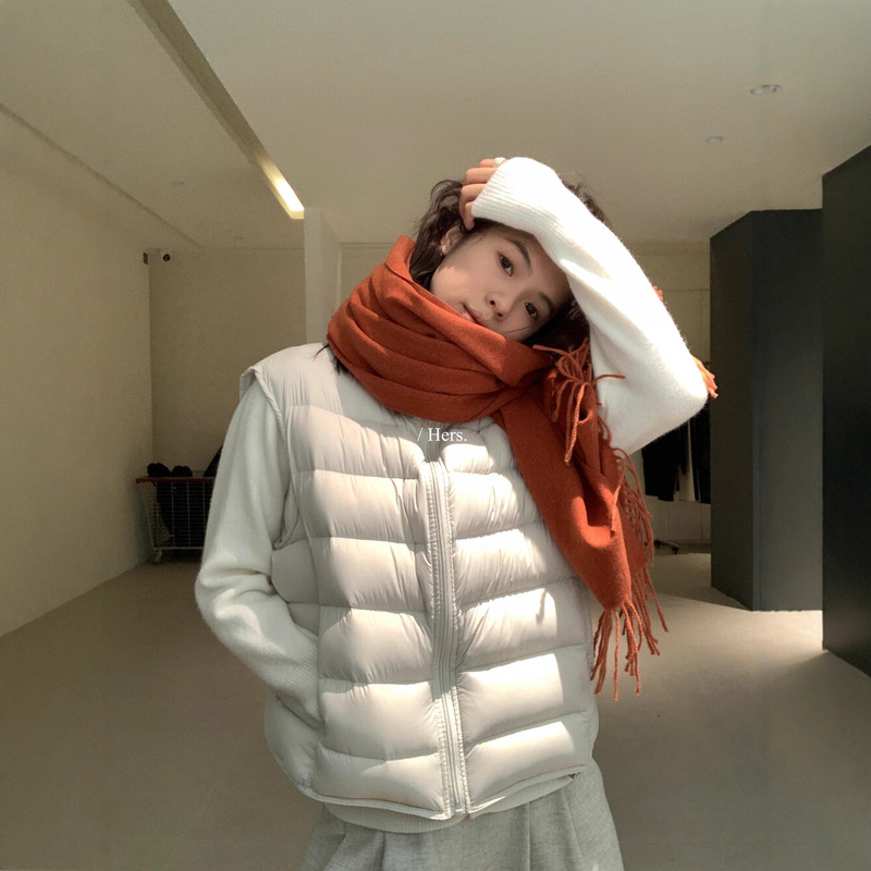Hers One Spoon of Sweetness Winter Korean Style Simple Commuting Versatile Warm Stand Collar Large Ribbed down Vest for Women 92535