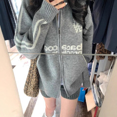 oversize！棒球风翻领拉链毛衣开衫女外套秋装新款韩版宽松针织衫
