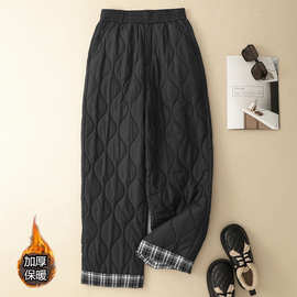 美式复古格子阔腿裤女冬款新款拼接加厚休闲设计感宽松直筒裤棉裤