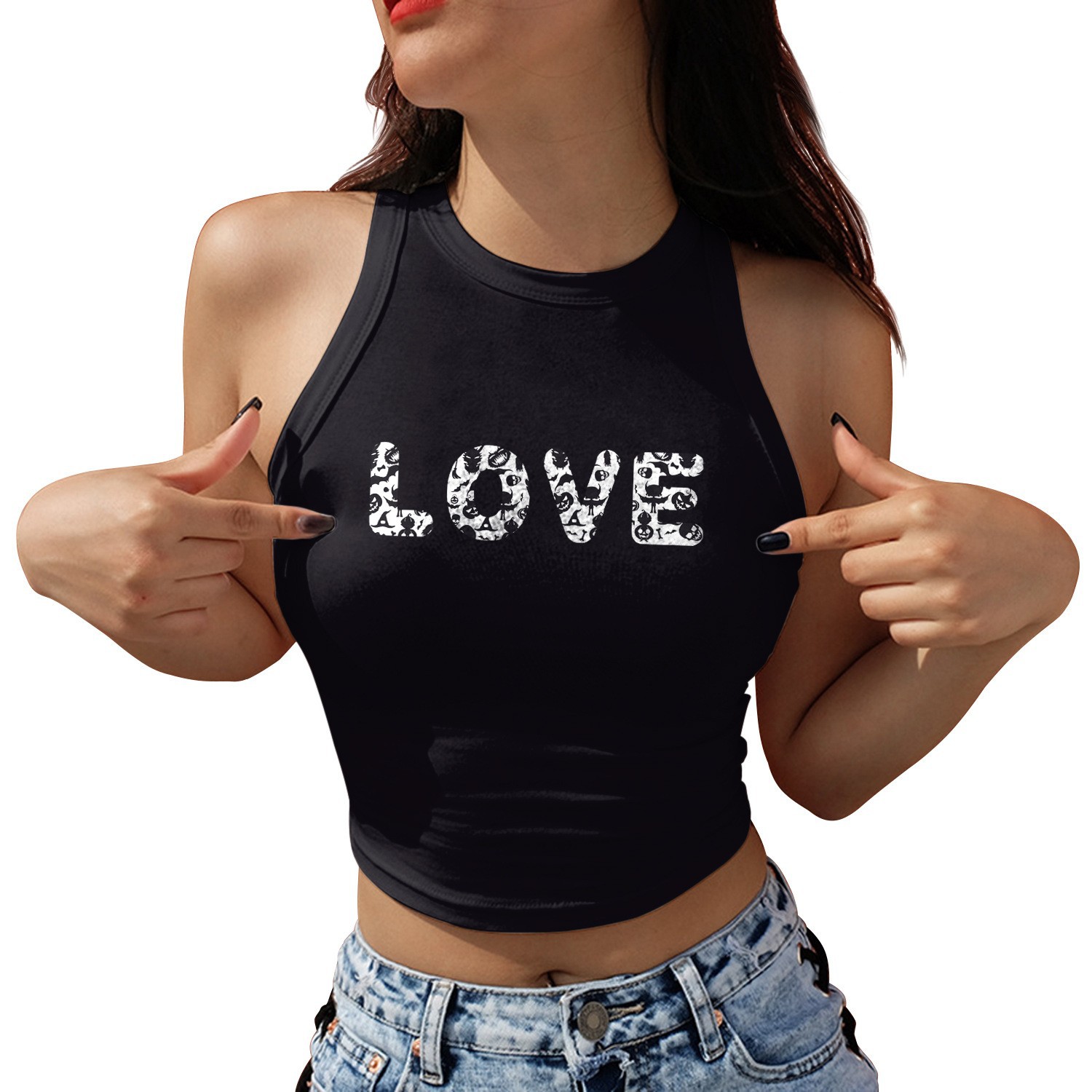Valentine's Day Romantic Round Neck Letter 3D Printed Short Suspender Tight Women's Vest European and American Summer Trendyy Casual Versatile