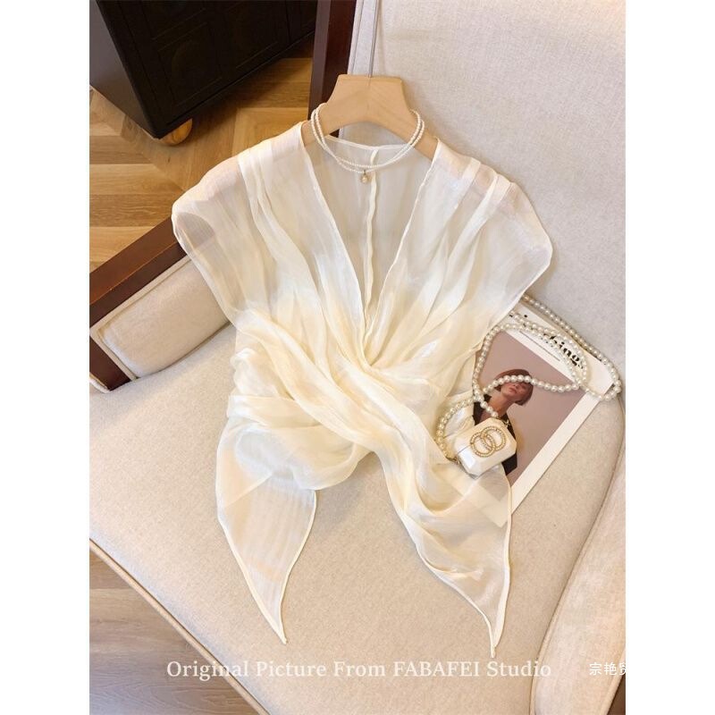 Chic Cross-Collar Chiffon Shiny Silk Shirt for Women, Summer Style, Light and Mature French Style, Niche Irregular Hem Sheer Top Chic Cross-Collar Chiffon Shiny Silk Shirt for Women, Summer Style, Light and Mature French Style, Niche Irregular Hem Sheer Top