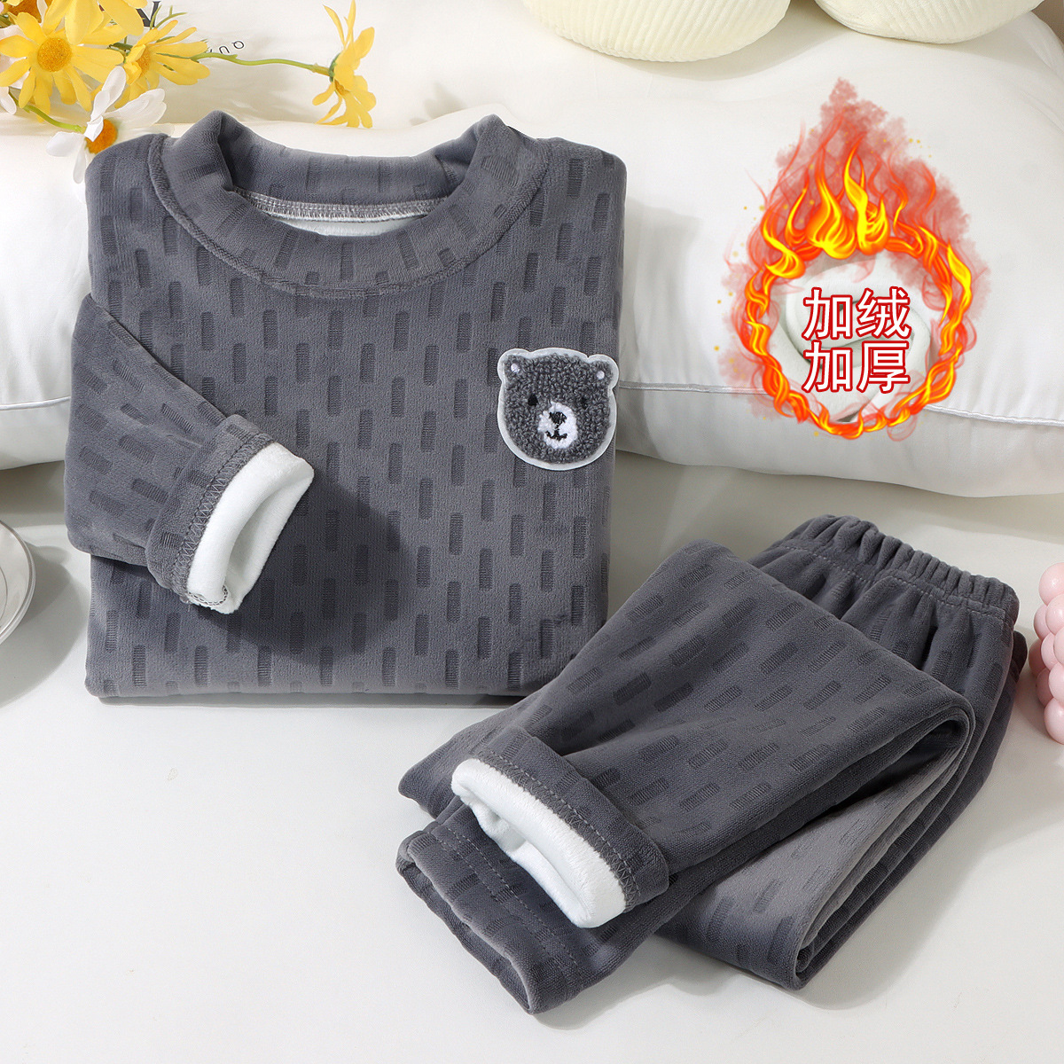 Set de ropa interior para niños 2025 otoño y invierno más tercife engrosado set de calentamiento para bebés cómodos ropa para el hogar chaqueta de otoño pantalones de otoño