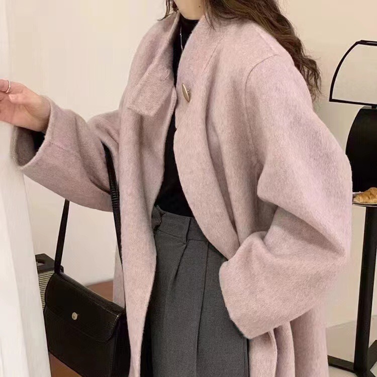 Pink Shell Buckle Double-sided Cashmere Coat Women's Long Wool Distinctive Mid-length Over-the-knee Loose Spring and Autumn Wool Coat