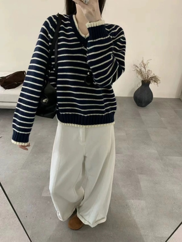 韩系条纹撞色V领针织套头衫秋冬新款时尚百休闲百搭毛衣上衣女|undefined