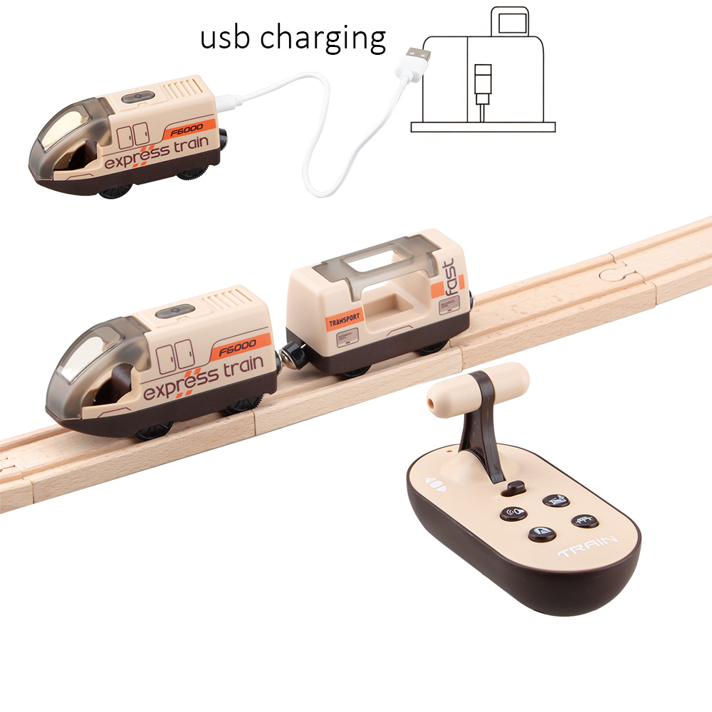 USB充电电动遥控火车玩具兼容木质塑料轨道多音效轨道车