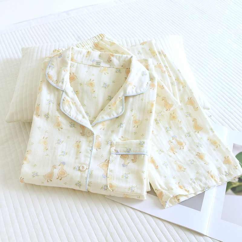 Pure cotton double-layer gauze pajamas for women, spring and autumn long-sleeve long-pants set, ladies' cartoon loose-fitting home wear, casual plus size