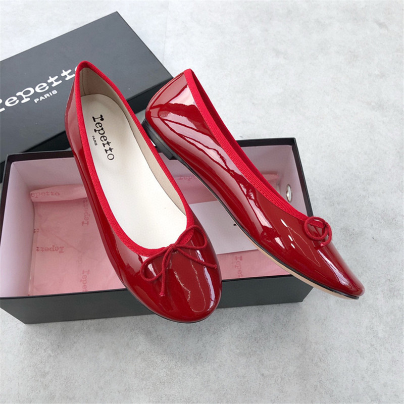 Factory Batch repetto Ballet Shoes Women Round Toe Flat Leather Red Shoes French Vintage Patent Leather Bow