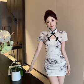 网红主播改良旗袍短裙复古印花性感镂空褶皱包臀网布连衣裙10023