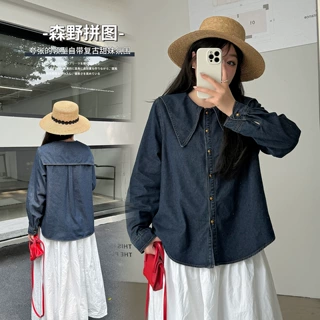 伊诺大码海军领牛仔衬衫女2026春季新款别致港味设计感上衣124310