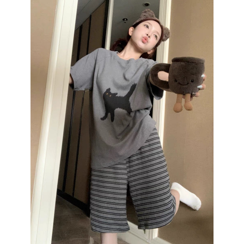 ストライプ子猫プリントコットンパジャマ女性のための夏 2025 新しいかわいい半袖ホーム服セット屋外で着用可能|undefined