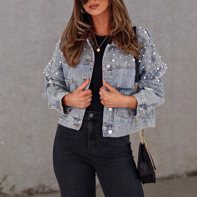 Cross Border Amazon Women's Short Pearl Beaded Denim Jacket Ripped Star Embroidered New Denim Jacket Coat