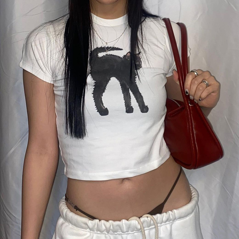 猫のプリント半袖tシャツ女性2023欧米の新商品の丸首カジュアル通勤がやせている街頭ギャル上着|undefined