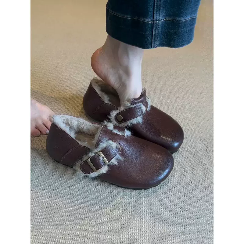 复古加绒加厚勃肯鞋百搭一脚蹬保暖乐福鞋平底毛毛棉鞋女