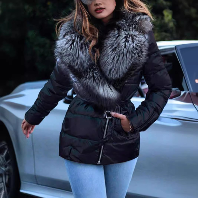 Silver Quilted Puffer Coat with Faux Fur Collar Glossy Waist-Cinching Coat