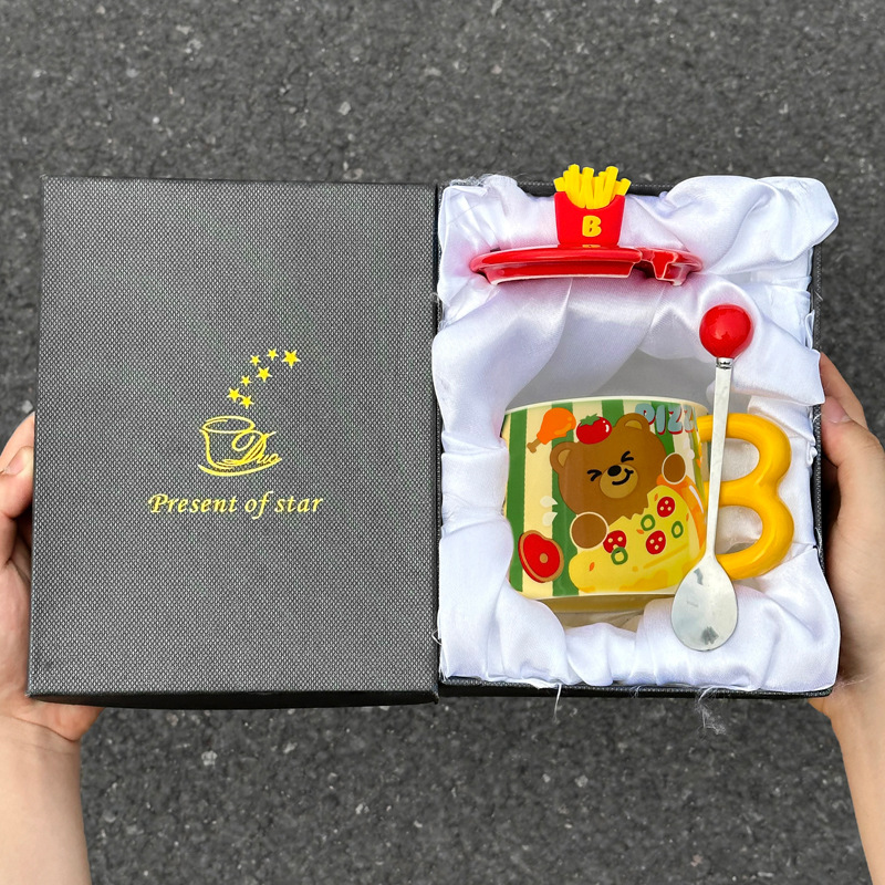 Oso de pizza francés (taza + tapa + cuchara + caja de regalo negro)