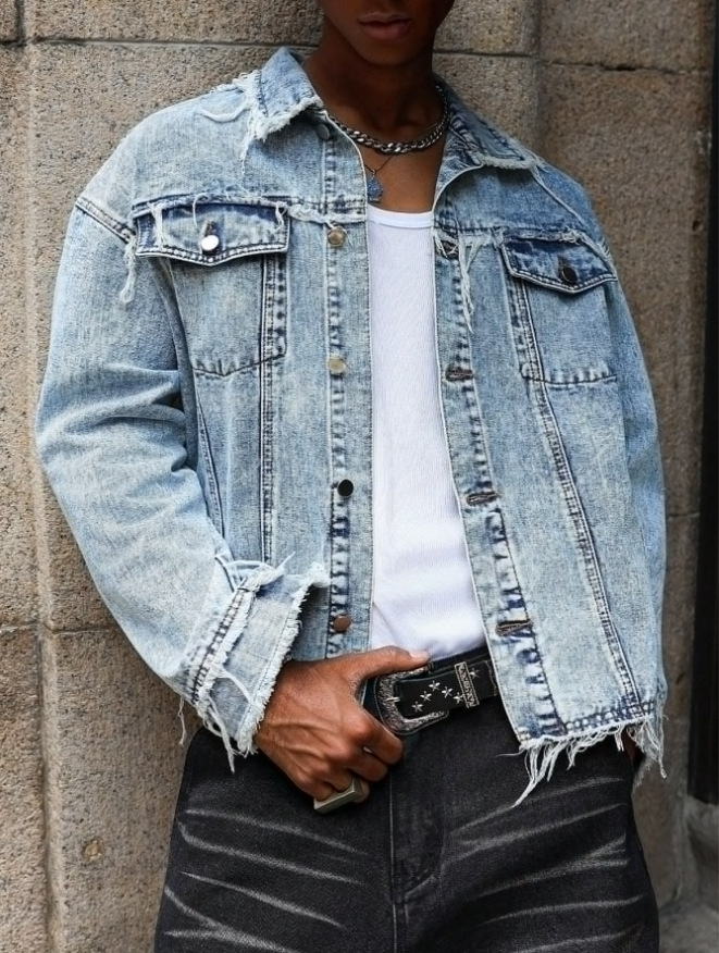 Giacca di jeans uomo casual cardigan con revers stile versatile_voghion.com