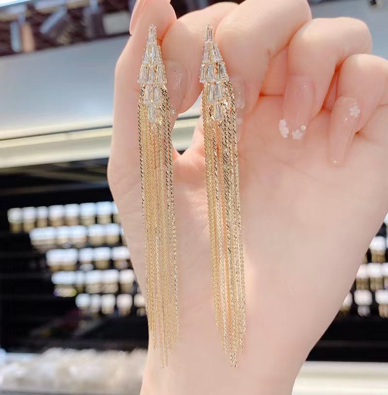 Exaggerated Long Chain Zircon Tassel Earrings Silver Drop Earrings_voghion.com