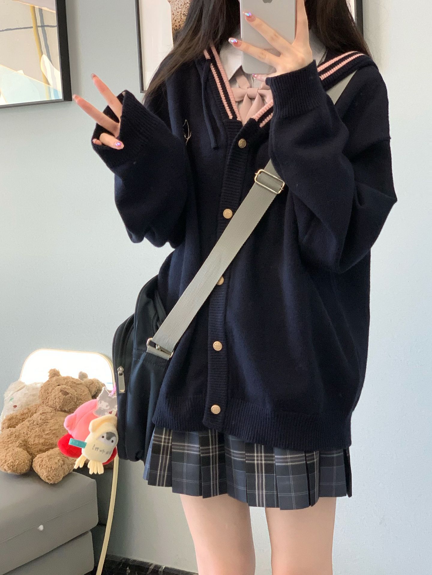 (2개) 2023 가을 및 겨울 제조업체 맞춤형 JK 유니폼 V-넥 스웨터 카디건 부드러운 왁스 같은 느슨한 일본 대학 스타일 스웨터 여성