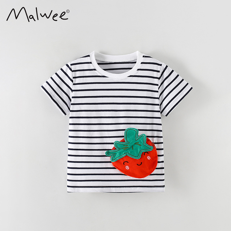 Malwee transfronterizo nueva camiseta de ropa infantil para niños verano, Europa y Estados Unidos, rayas de cuello redondo, mangas cortas para niños de 3 - 8 años
