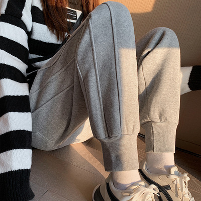 咖色运动裤女 春秋2023新款高腰拼接宽松显瘦休闲束脚哈伦卫裤子