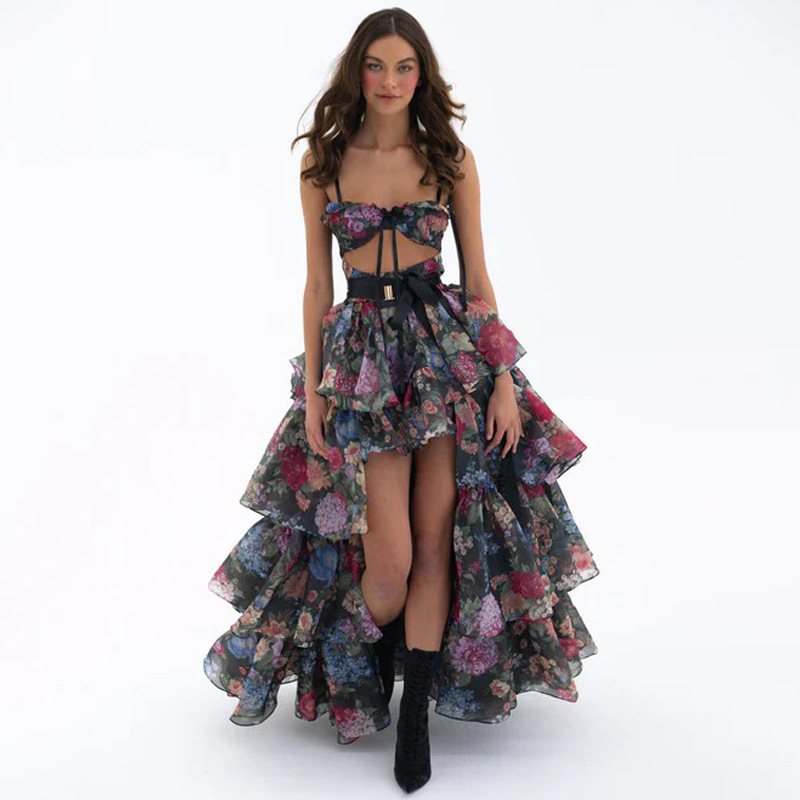 Women's Clothing Sexy Floral Print Strapless Halter Top And Cropped Mini Skirt Set Women's Cake Skirt Fashion Party Wear_ecoleips.com