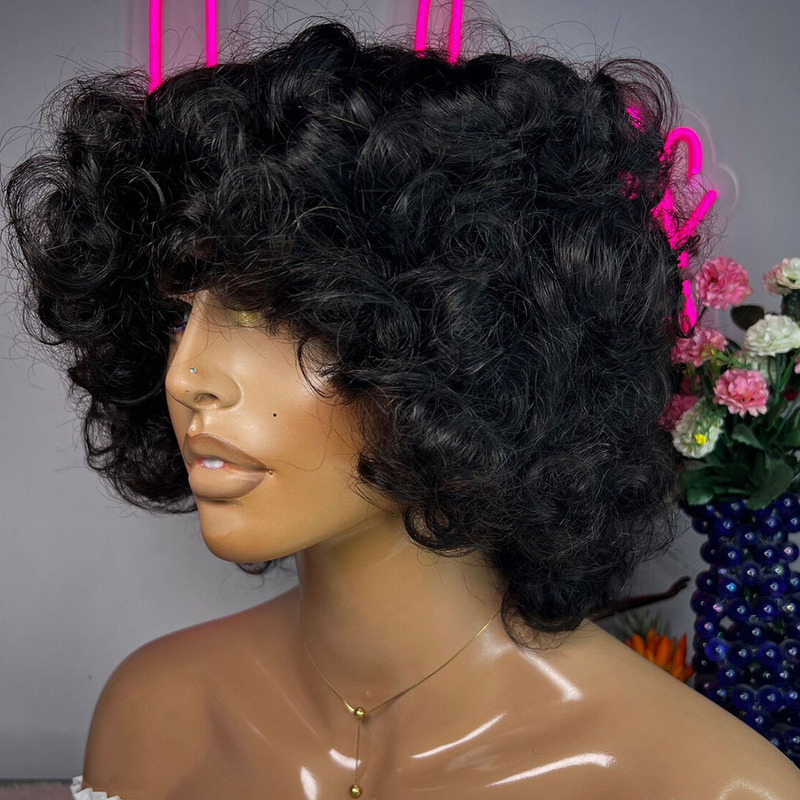Double Drawn Wigs with Fringe Bouncy Curls wig棕色 短卷发大|undefined