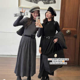 内搭连衣裙气质秋冬韩版设计感高腰显瘦百褶连衣裙针织毛衣长裙女