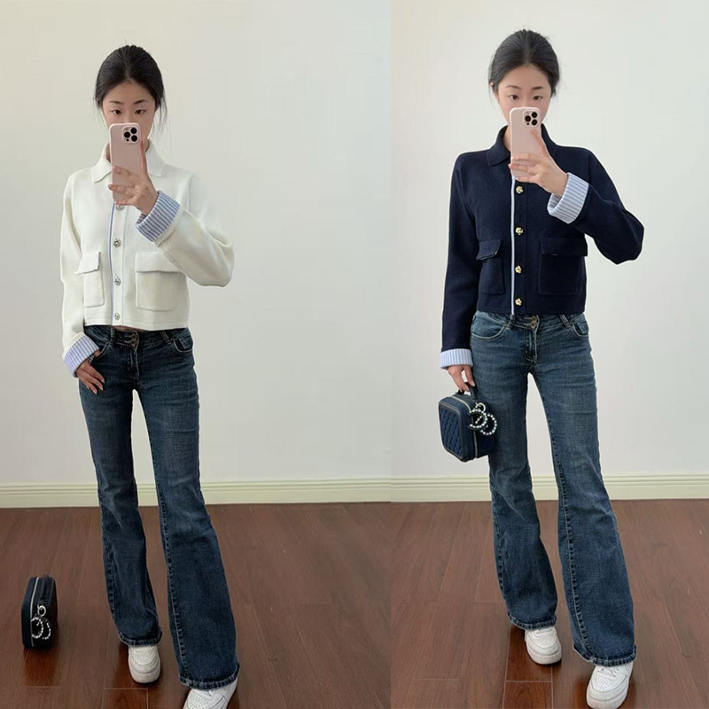 2026 Commuting Korean-Style Fashionable Color-Blocked Lapel Single-Row Floral Button Knit Cardigan Top 250507 2026 Commuting Korean-Style Fashionable Color-Blocked Lapel Single-Row Floral Button Knit Cardigan Top 250507
