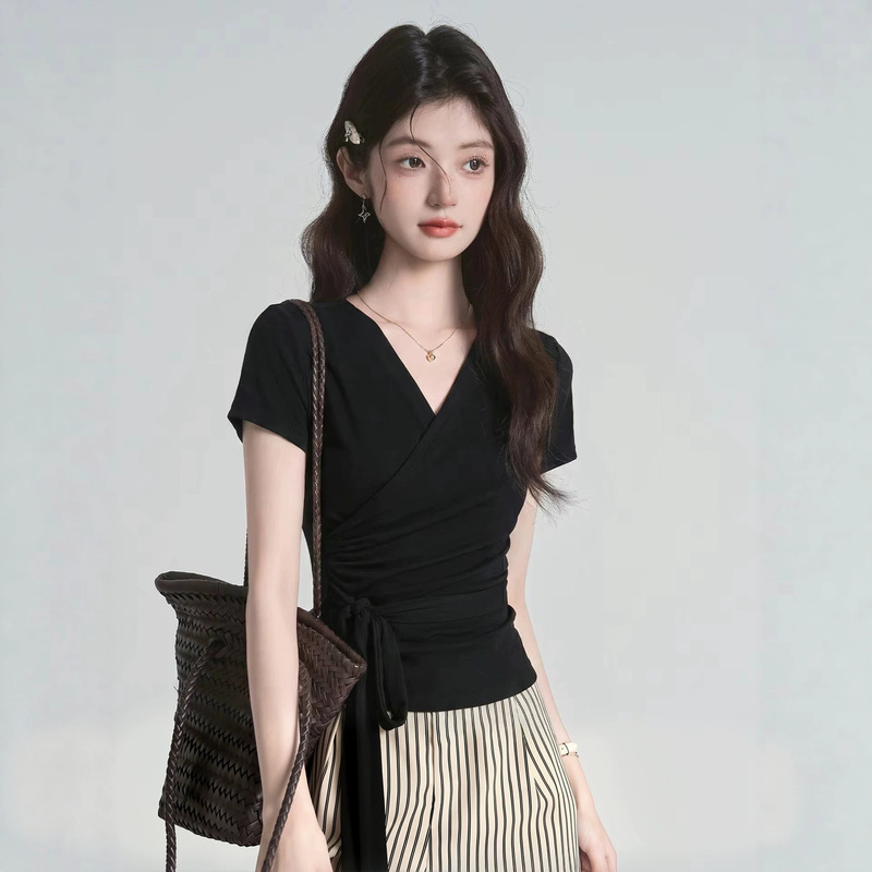 Korean-Style Black Cross-Design V-Neck Tie Short-Sleeve T-Shirt for Women, 2026 Summer New Slim-Fit Slimming Top Korean-Style Black Cross-Design V-Neck Tie Short-Sleeve T-Shirt for Women, 2026 Summer New Slim-Fit Slimming Top
