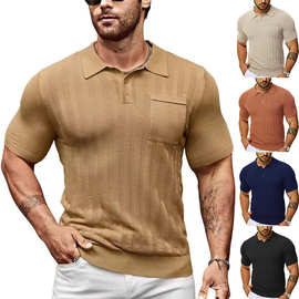 夏季新款欧美男士休闲POLO衫V领口袋纽扣短袖清凉透气针织男衫