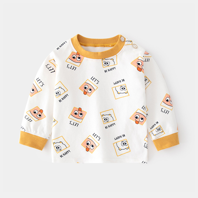 Camiseta de algodón para bebés con estampado vintage de dibujos animados y abertura en el hombro, ropa interior para primavera y otoño, mayorista