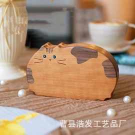 复古木质卡通首饰盒翻盖式猫咪造型饰品手链珠宝盒便捷项链饰品盒