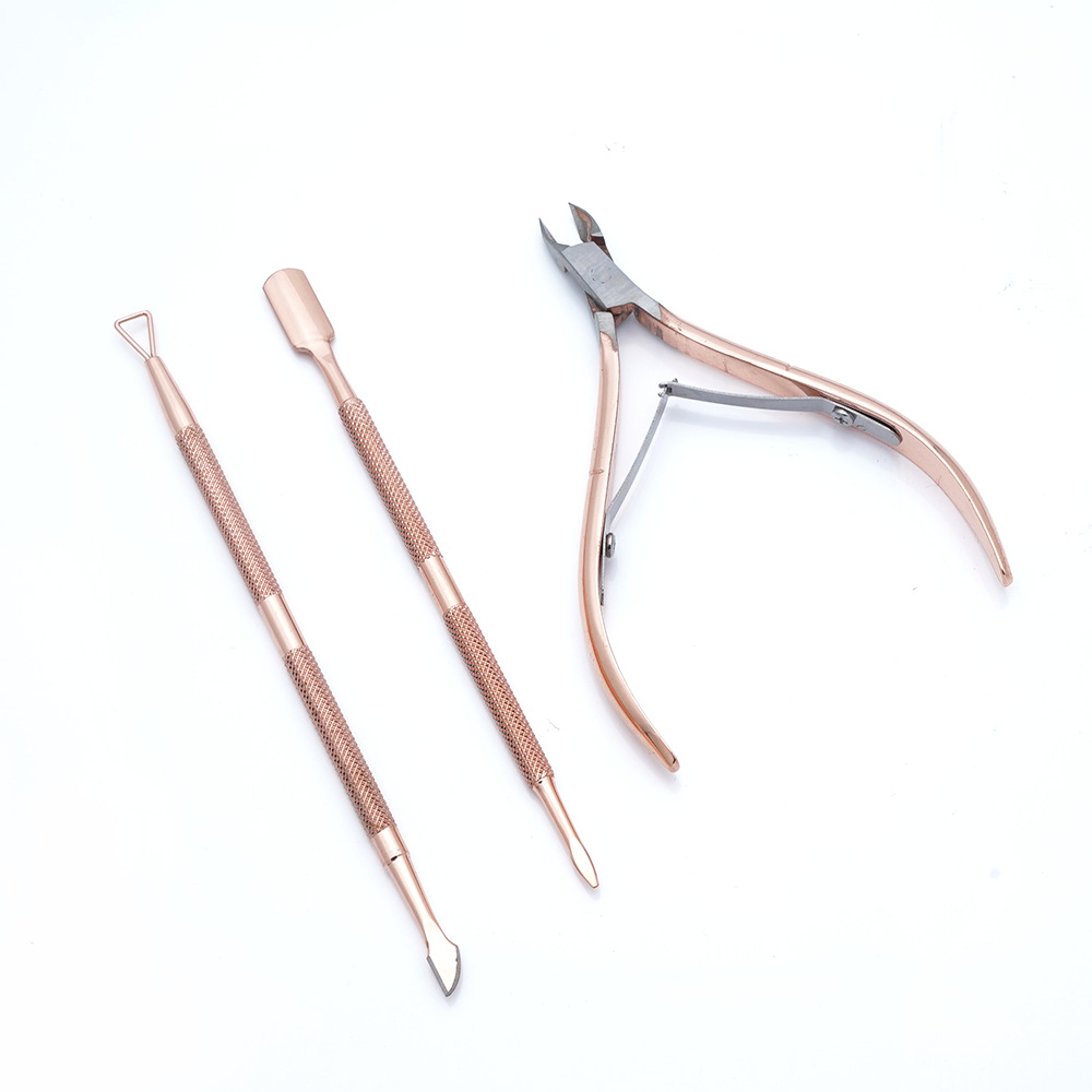 Manicura, manicura, removedor de uñas, juego de tres piezas, corte de piel muerta de acero inoxidable, tamaño, juego de empuje de acero de doble cabezal, fábrica al por mayor