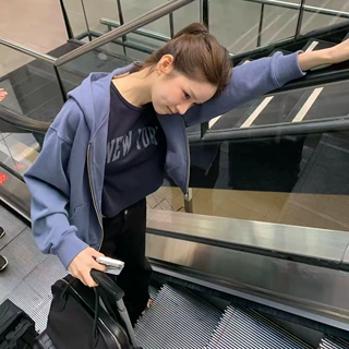 识亦·XH韩系宽松连帽拉链卫衣东大门秋季新款纯色简约百搭外套女