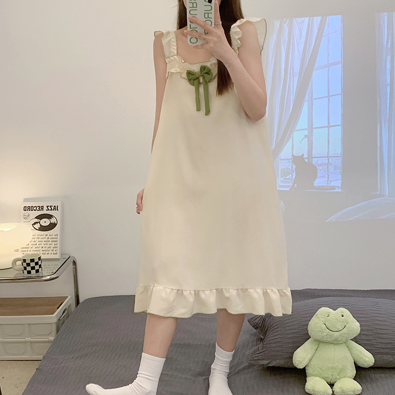 2023 camisón de verano de las mujeres delgadas dulces con volantes burbuja de algodón vestido MIDI con almohadilla en el pecho vestido de casa al por mayor