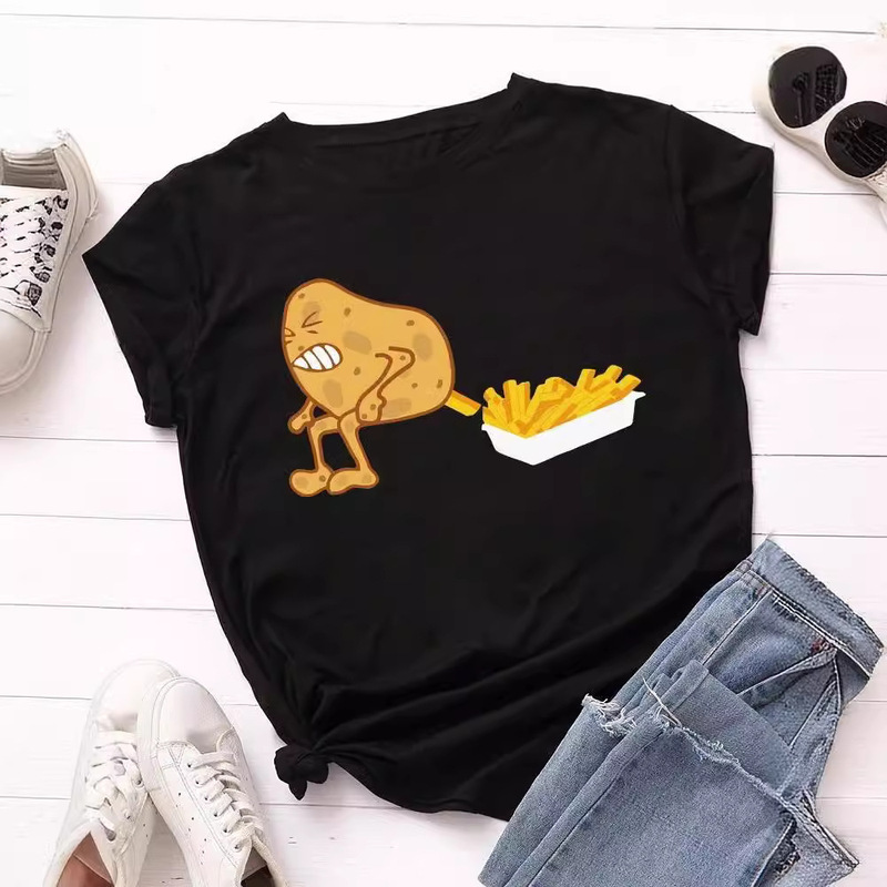 Funny Potato and Fries Print Women's T-Shirt Short Sleeve O Neck Loose plus size Top