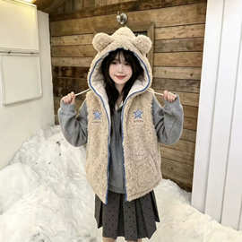 羊羔毛小熊耳朵连帽马甲棉服女2026冬季小个子叠穿保暖棉坎肩外套