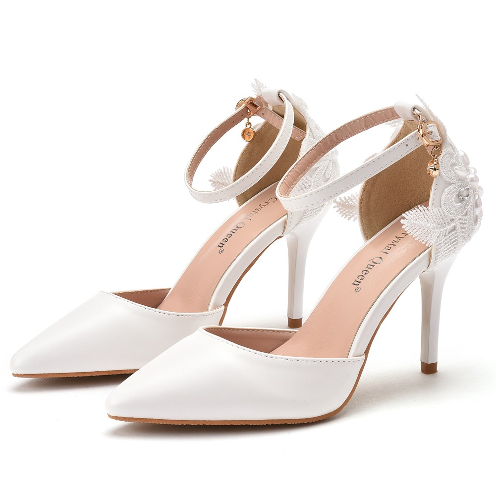 White Lace Flower Wedding Shoes One-word Wristband Bridal Shoes Stiletto Heel Pointed Tops Wedding Shoes Women's Sandals Auto Show Shoes