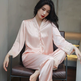 睡衣女秋季冰雪丝双长款蕾丝花边套装2024新款甜美简约时尚家居服
