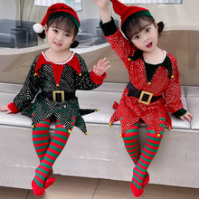 圣诞服装儿童女精灵绿色红色亮片连衣裙圣诞主题写真拍照婴儿服装