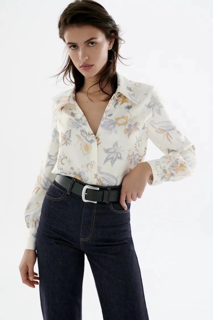 Flower Print Long-Sleeved Shirt NSAM109486