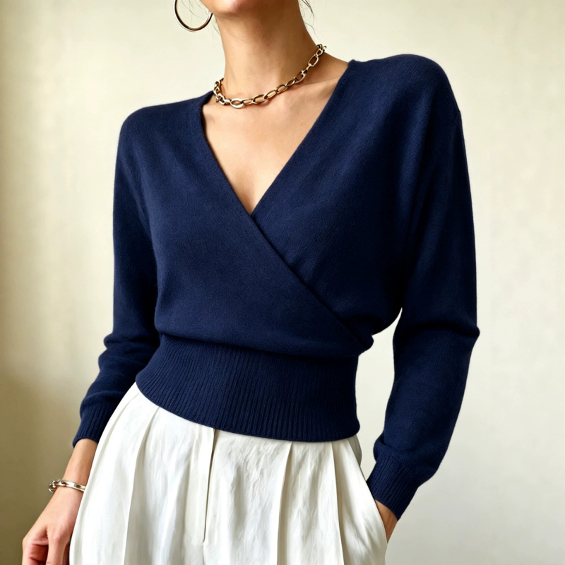 2026 Cross-Border Amazon Women's V-Neck Wrap Long Sleeve Knit Sweater, Slim-Fit Short Style, Versatile, Available in Multiple Colors