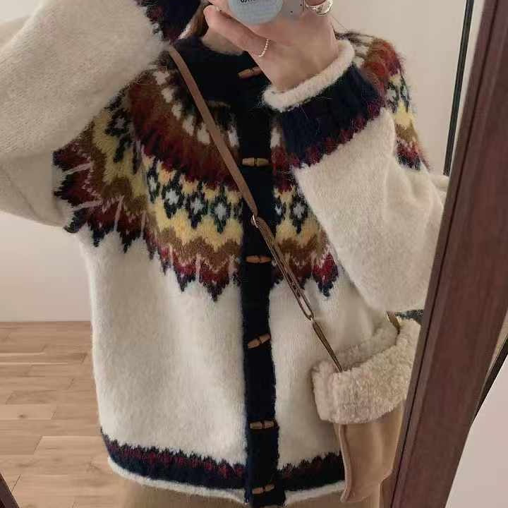 复古北欧风费尔岛牛角扣毛衣外套女秋冬圣诞慵懒软糯针织开衫上衣|undefined