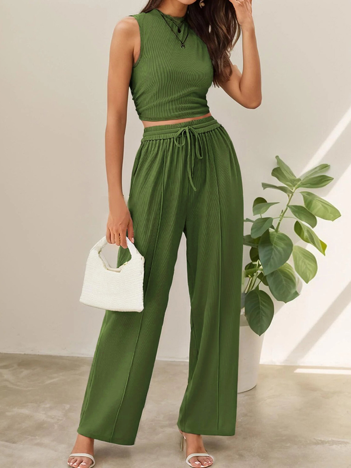 Women's Clothing Summer Leisure Suit Sleeveless Round Neck Short Slim Fit Top Wide Leg Pants Two Piece Suit_ecoleips.com