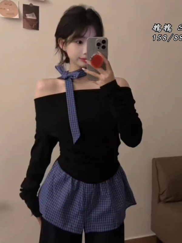 假两件格子拼接露肩长袖t恤女秋冬设计感小众独特别致甜辣妹上衣|undefined