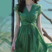 海边度假风绿色雪纺连衣裙夏款茶歇法式气质绝美初恋清纯奶甜裙子