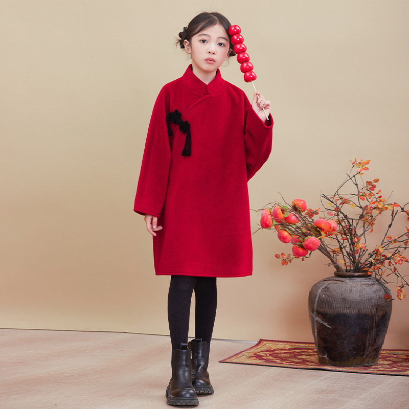 女童呢子大衣中長款外套2023秋冬新洋氣中大童加棉紅色中國風年服